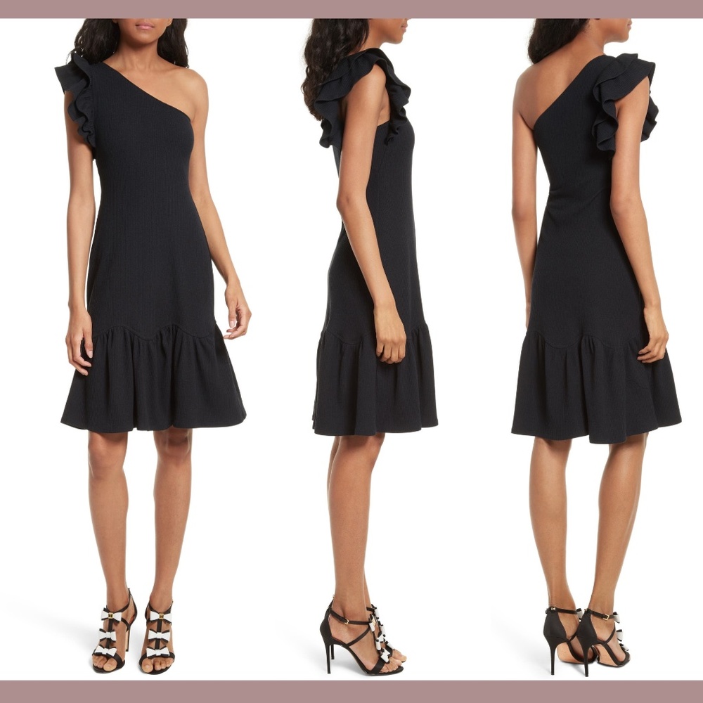 NWT $295 Rebecca Taylor [ Small ] One Shoulder Ribbed‎ Black Jersey Dress
